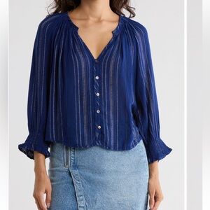 Rails NWT Mariah Relaxed Fit Blue/White Striped Linen Blend Button-Up Blouse